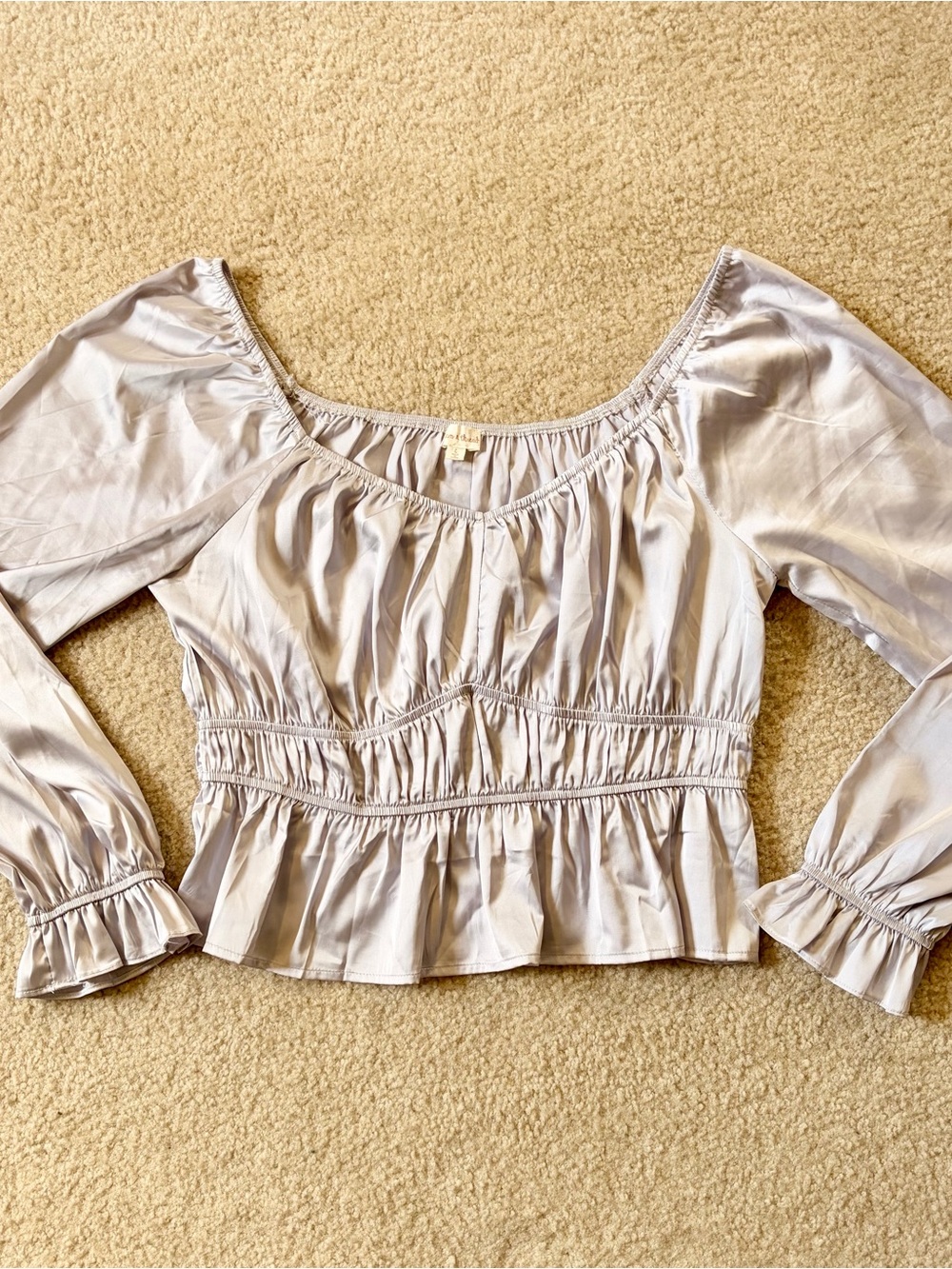 Hem & Thread Light Lavender Shirred Satin Long Sleeve Peasant Blouse | Women | L